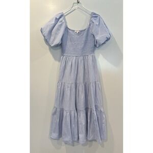 Flying Tomato Blue White Stripe Smocked Puff Sleeve Tiered Midi Dress Size M